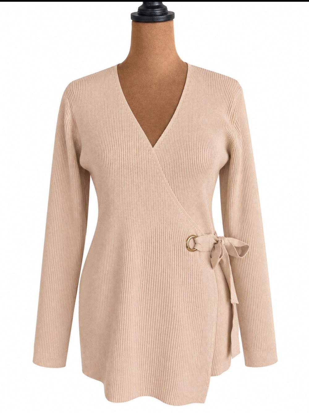 Ribbed Wrap V-Neck Sweater in Beige with Side Tie